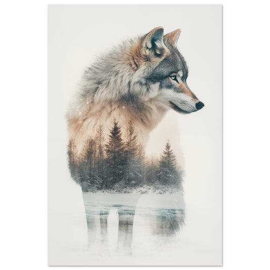 Majestätischer Schneewolf in Doppelbelichtung 60x90 cm - Pixara