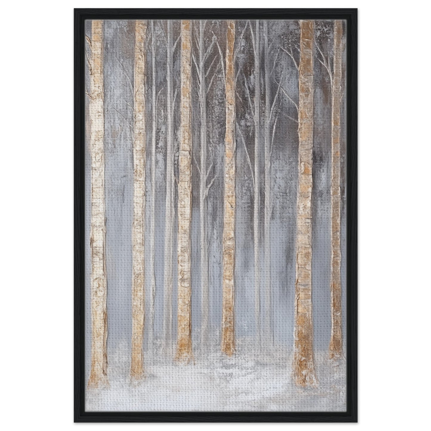 Nebelhafte Birkenlandschaft | Gerahmte Leinwand Schwarzer Rahmen 60x90 cm - Pixara