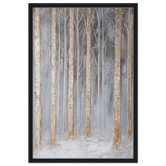 Nebelhafte Birkenlandschaft | Gerahmte Leinwand Schwarzer Rahmen 60x90 cm - Pixara