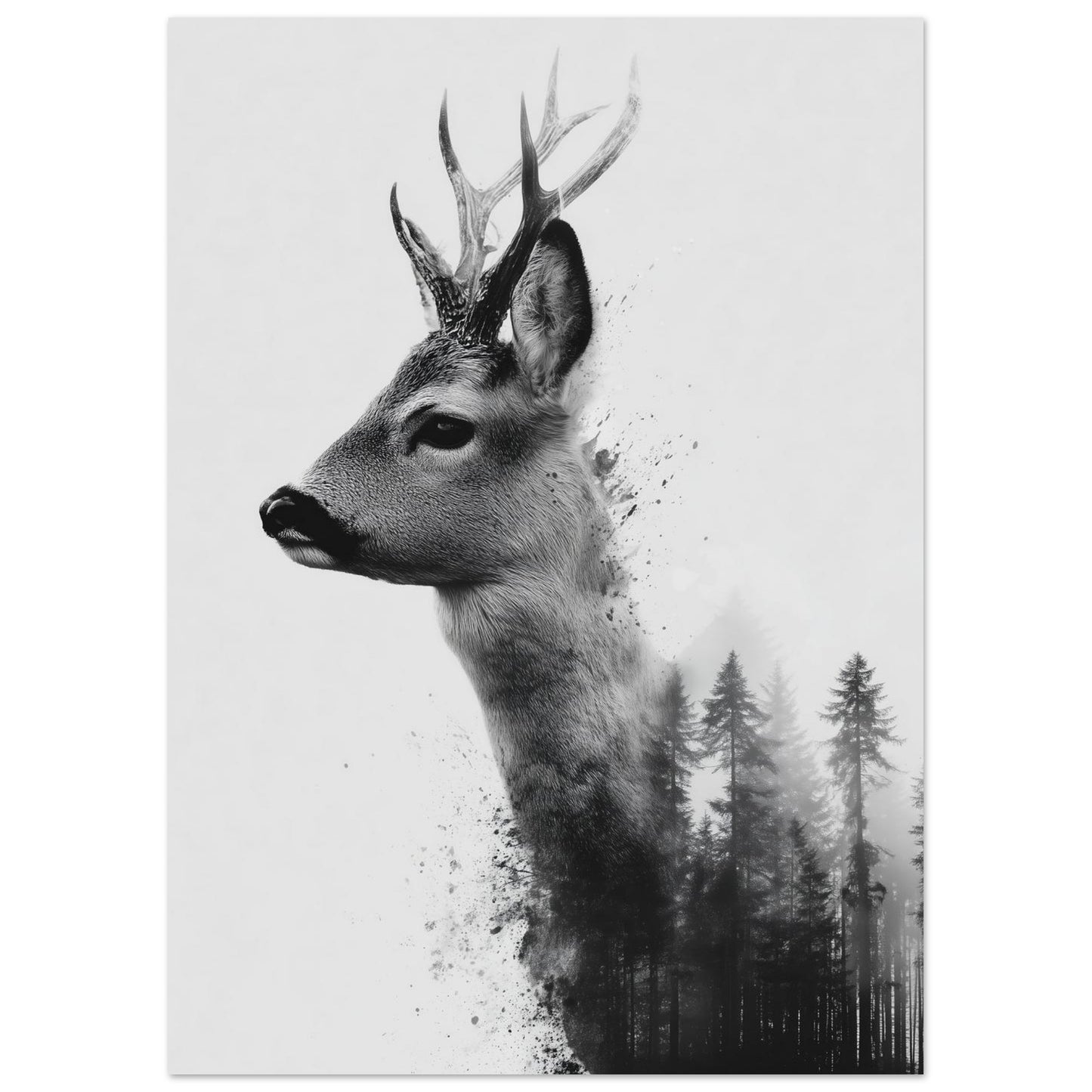 Wandbild „Reh & Wald , Doppelbelichtung in Schwarzweiß“ mit Rehprofil mit dunklem Nadelwald als Schwarzweiß-Doppelbelichtung, 50x70 cm