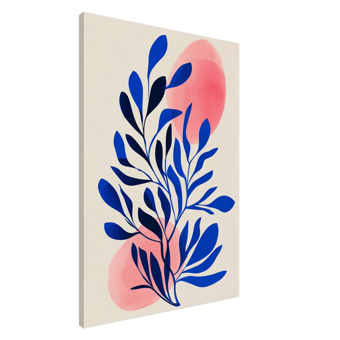 Blaues Blattwerk auf Korallhintergrund Leinwand 70x100 cm - Pixara