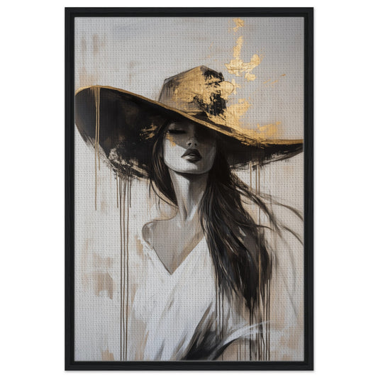 Elegante Frau mit Hut | Gerahmte Leinwand Schwarzer Rahmen 60x90 cm - Pixara