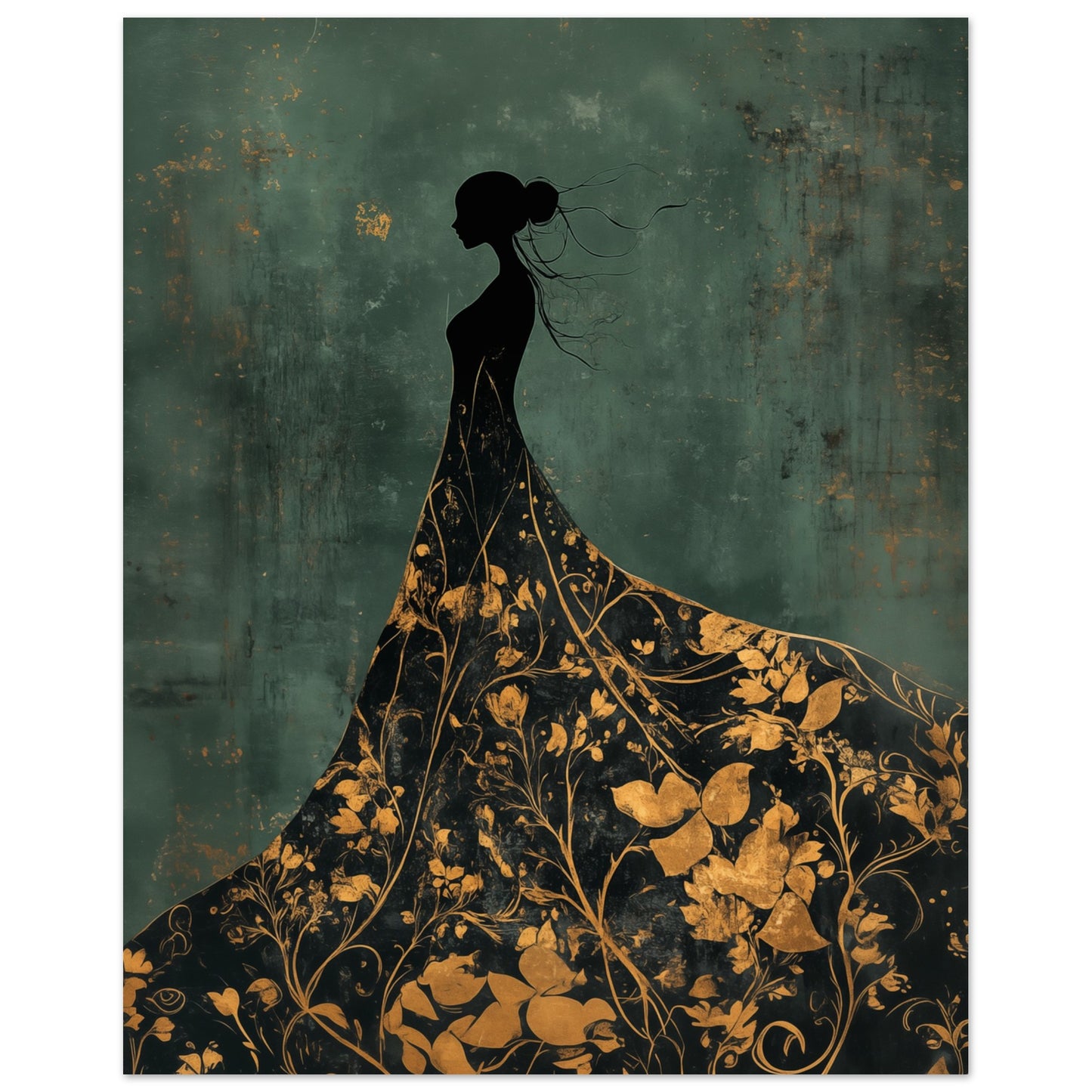 Goldene Eleganz – Silhouette einer Frau in floraler Pracht Poster 40x50 cm - Pixara