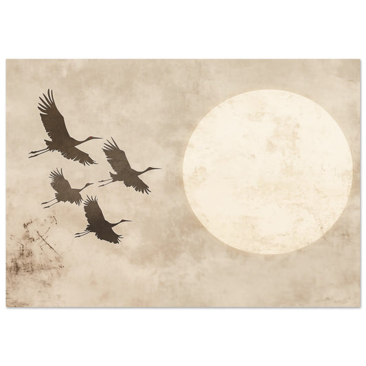 Poster „Kranichflug im Abendlicht“, 70 × 100 cm, mit fliegenden Kranichen vor großem hellem Mond in Beige und Schwarz