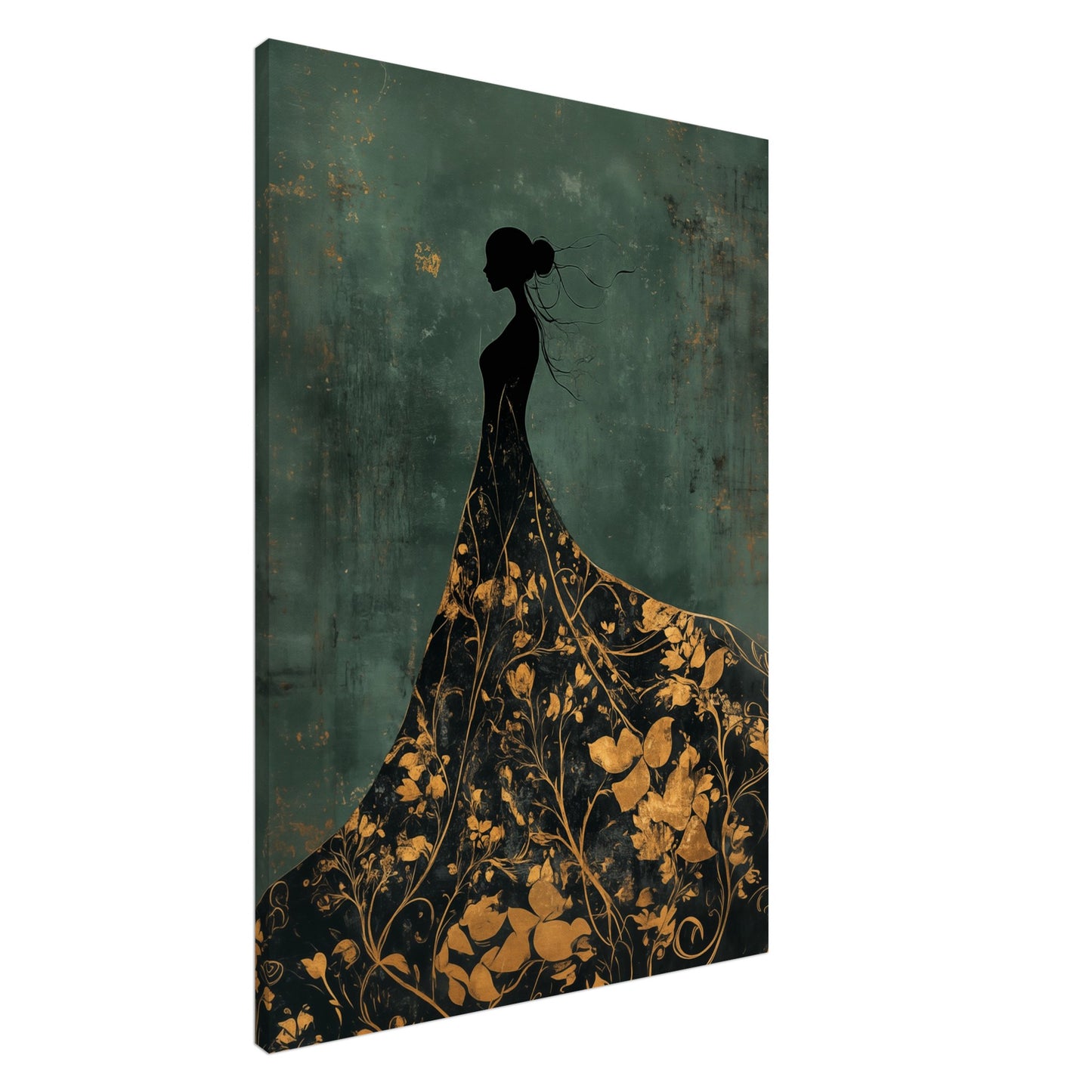 Goldene Eleganz – Silhouette einer Frau in floraler Pracht Leinwand 70x100 cm - Pixara