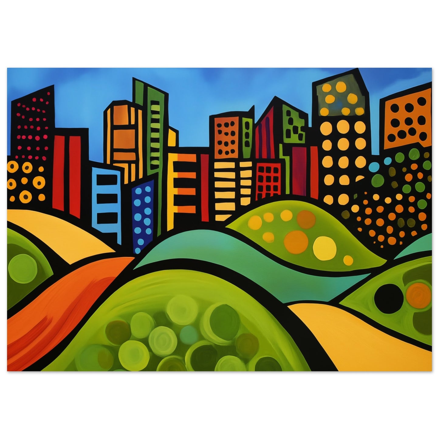 Lebendige Stadtsilhouette mit Hügeln 50x70 cm - Pixara
