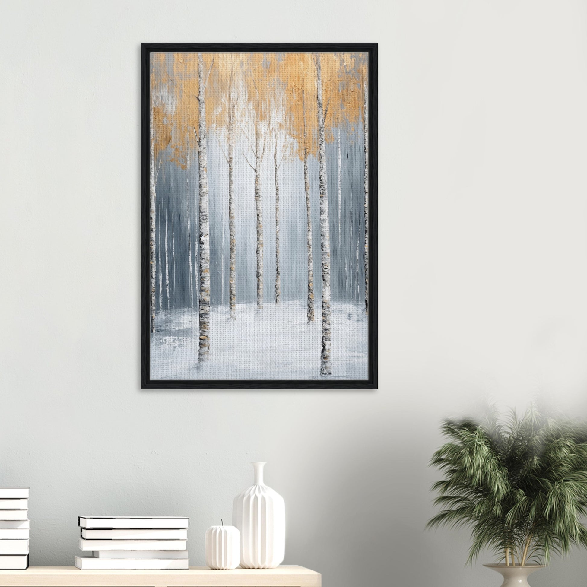 Goldene Birken im Nebel | Gerahmte Leinwand - Pixara