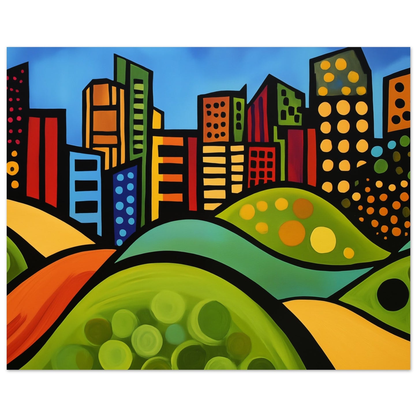 Lebendige Stadtsilhouette mit Hügeln 20x25 cm - Pixara