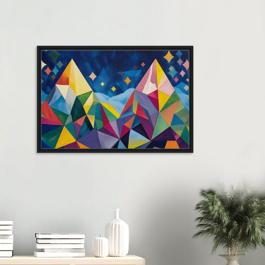 Geometrische Berglandschaft im Sternenlicht | Gerahmte Leinwand - Pixara