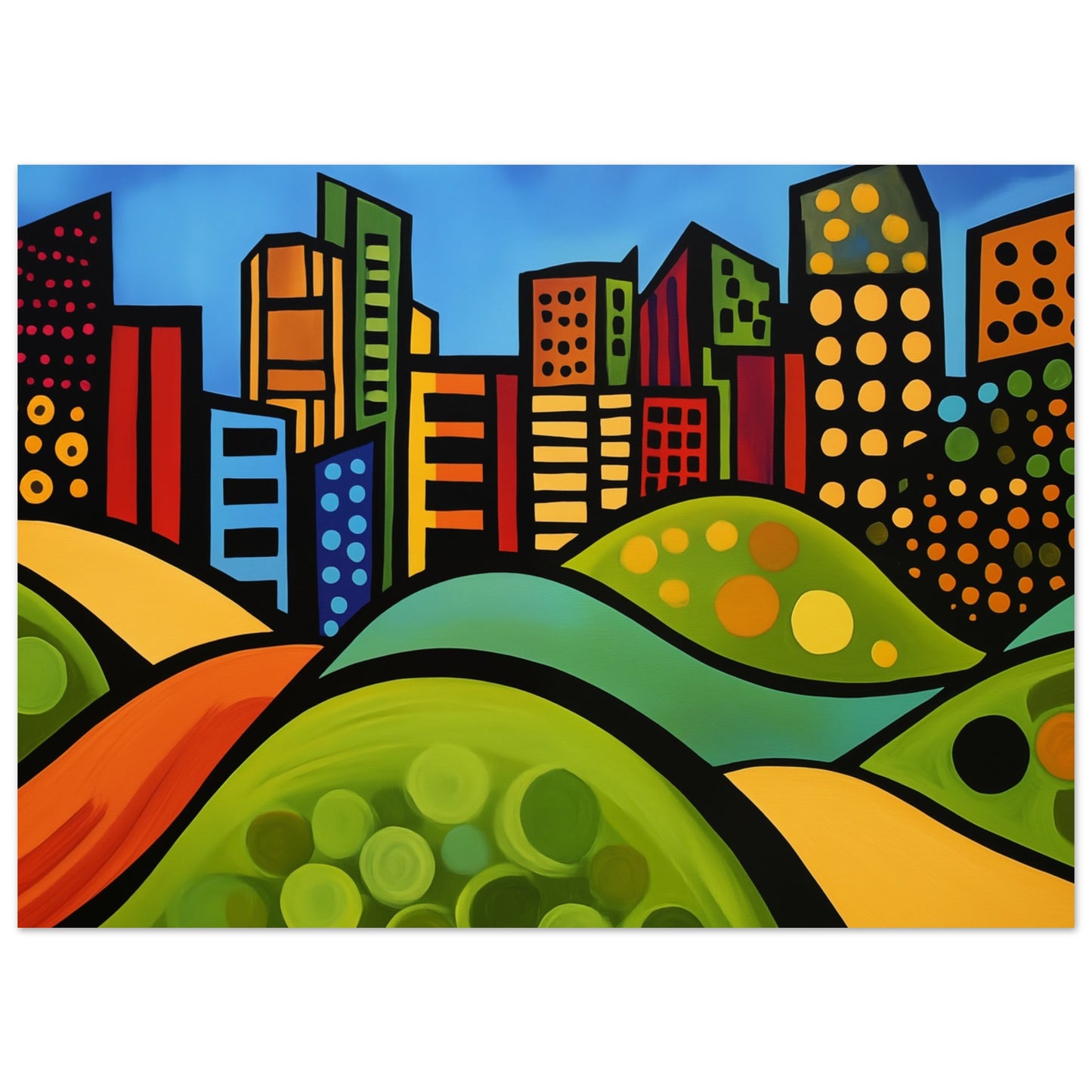 Lebendige Stadtsilhouette mit Hügeln 13x18 cm - Pixara