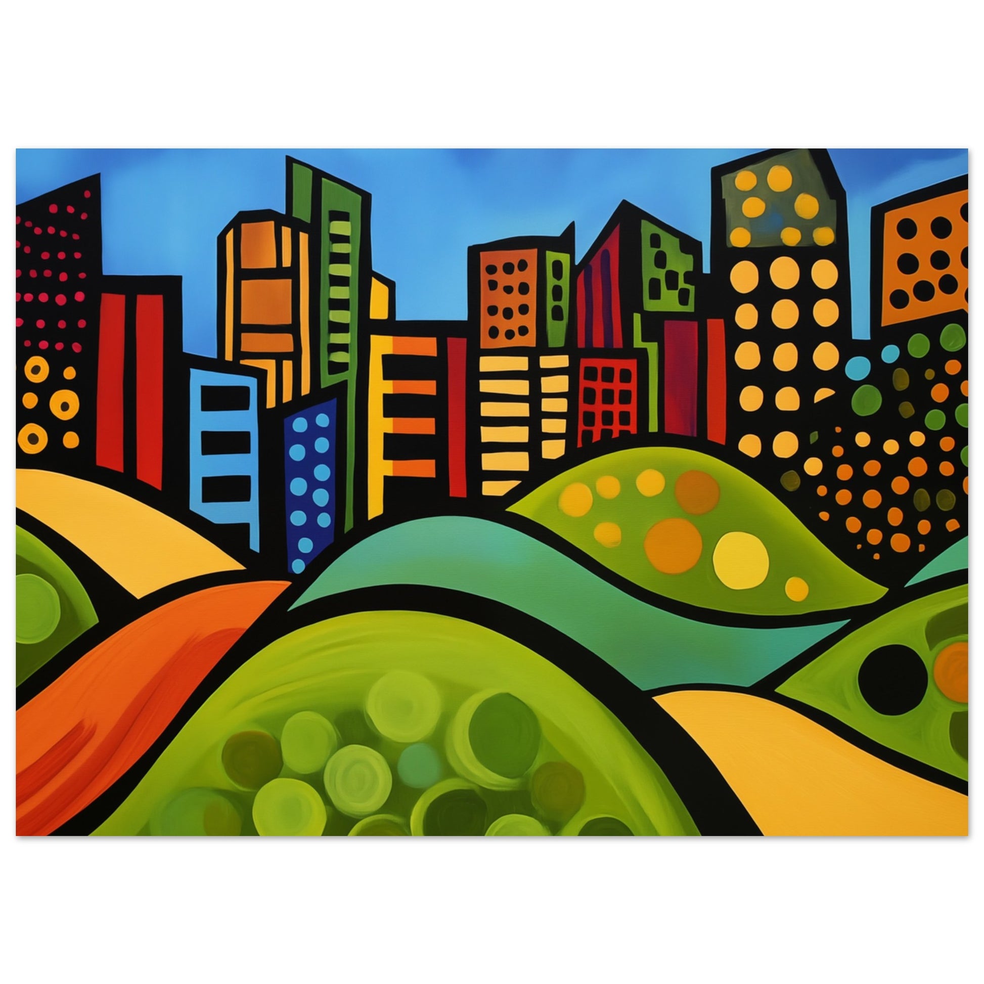 Lebendige Stadtsilhouette mit Hügeln 13x18 cm - Pixara
