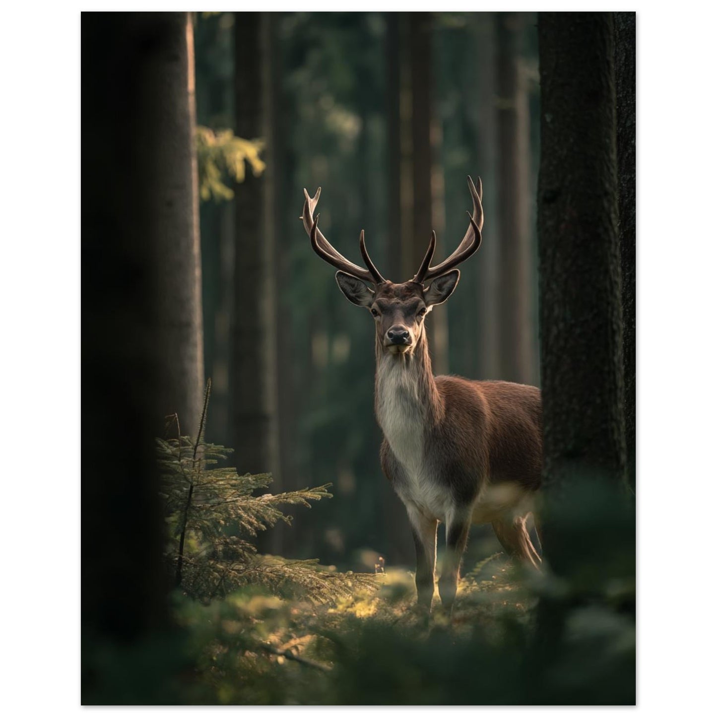 Poster „Edelhirsch im Morgenlicht“, 40 × 50 cm, mit einem Edelhirsch im Wald zwischen warmen Sonnenstrahlen