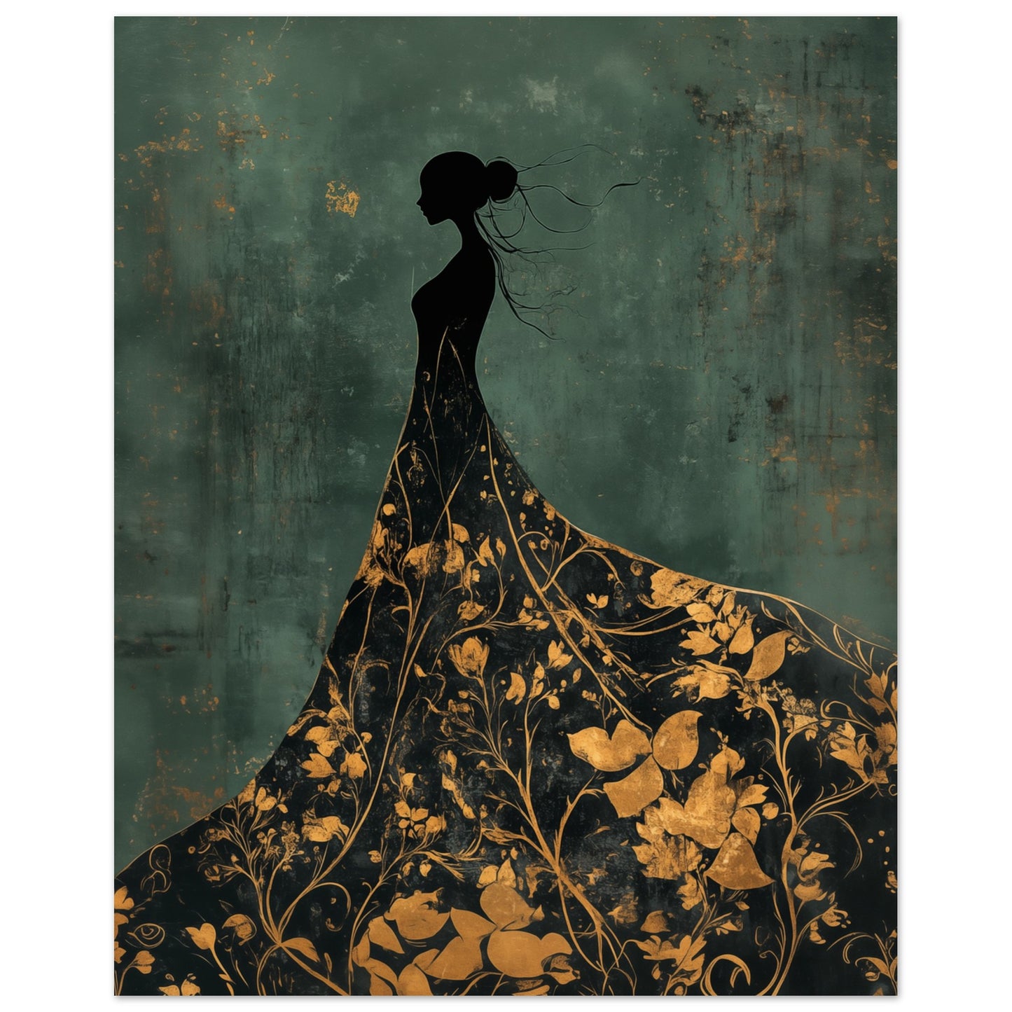 Goldene Eleganz – Silhouette einer Frau in floraler Pracht Poster 20x25 cm - Pixara