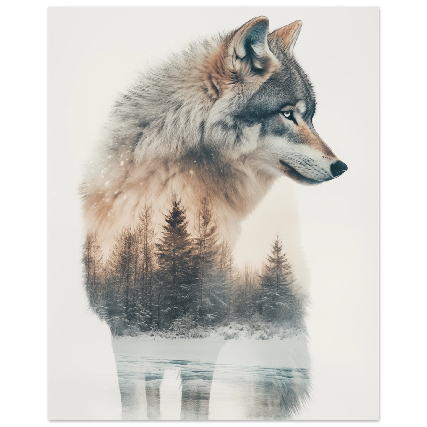Majestätischer Schneewolf in Doppelbelichtung 20x25 cm - Pixara