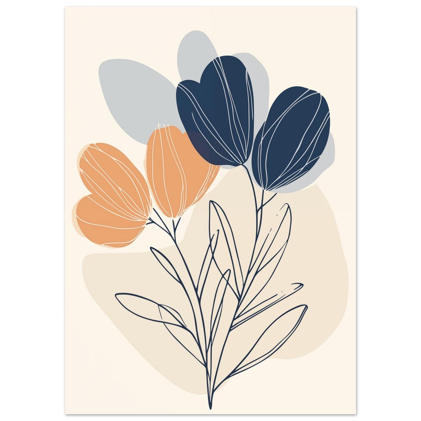 Abstrakte Blumen – Moderne Linienkunst in Blau und Orange 50x70 cm - Pixara