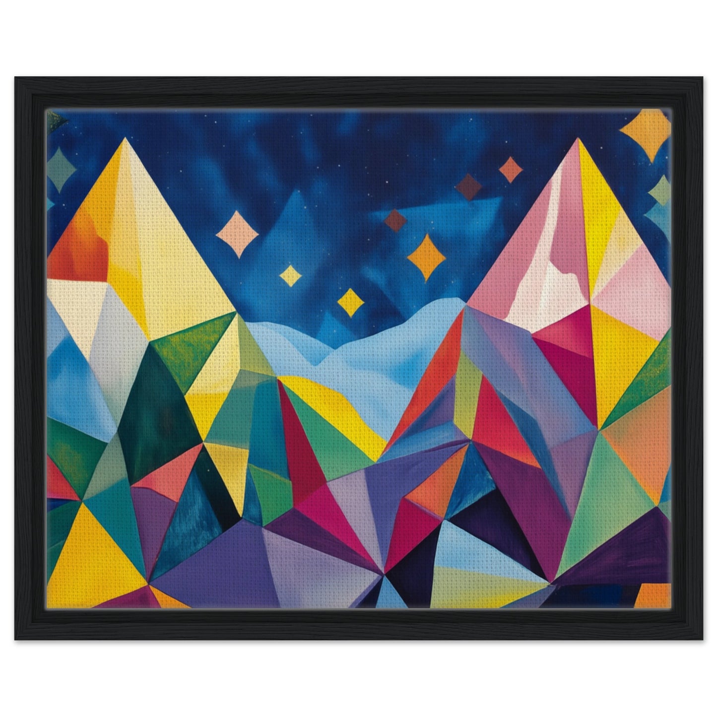 Geometrische Berglandschaft im Sternenlicht | Gerahmte Leinwand Schwarzer Rahmen 40x50 cm - Pixara