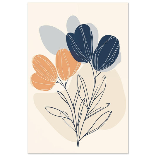 Abstrakte Blumen – Moderne Linienkunst in Blau und Orange 60x90 cm - Pixara