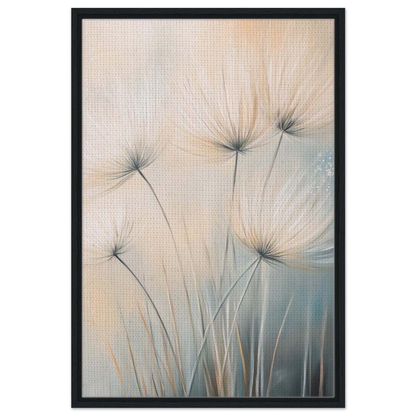 Sanfte Pusteblumen im Wind - Gerahmte Leinwand Schwarzer Rahmen 60x90 cm - Pixara
