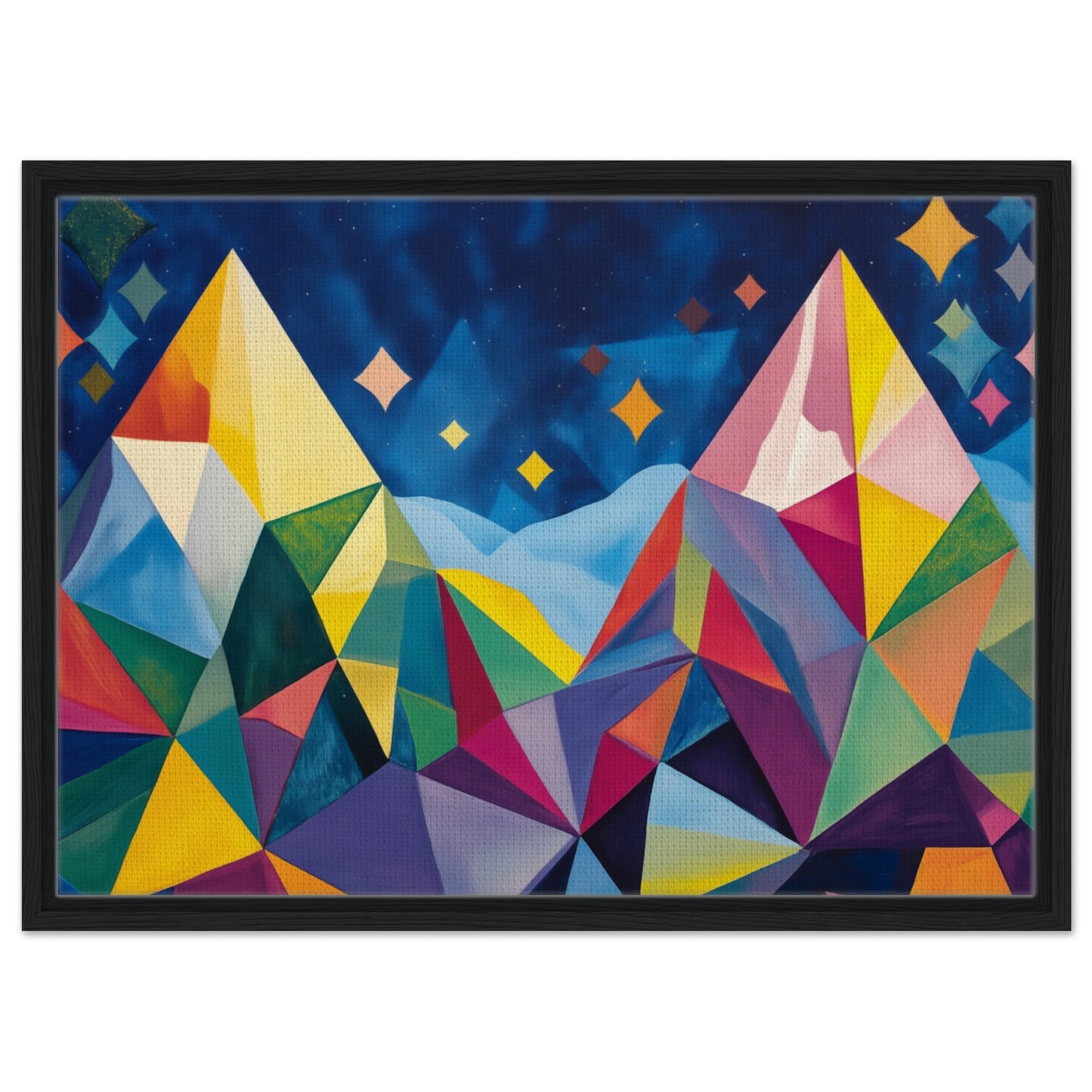 Geometrische Berglandschaft im Sternenlicht | Gerahmte Leinwand Schwarzer Rahmen 50x70 cm - Pixara