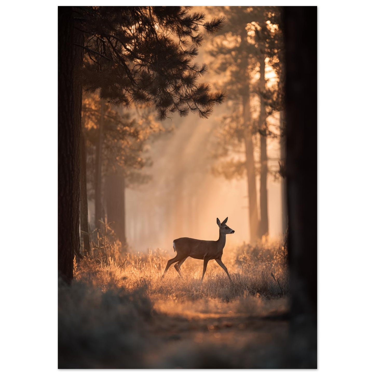 Poster „Reh im Morgenlicht“, 50 × 70 cm, mit einem Reh im warmen goldenen Morgenlicht