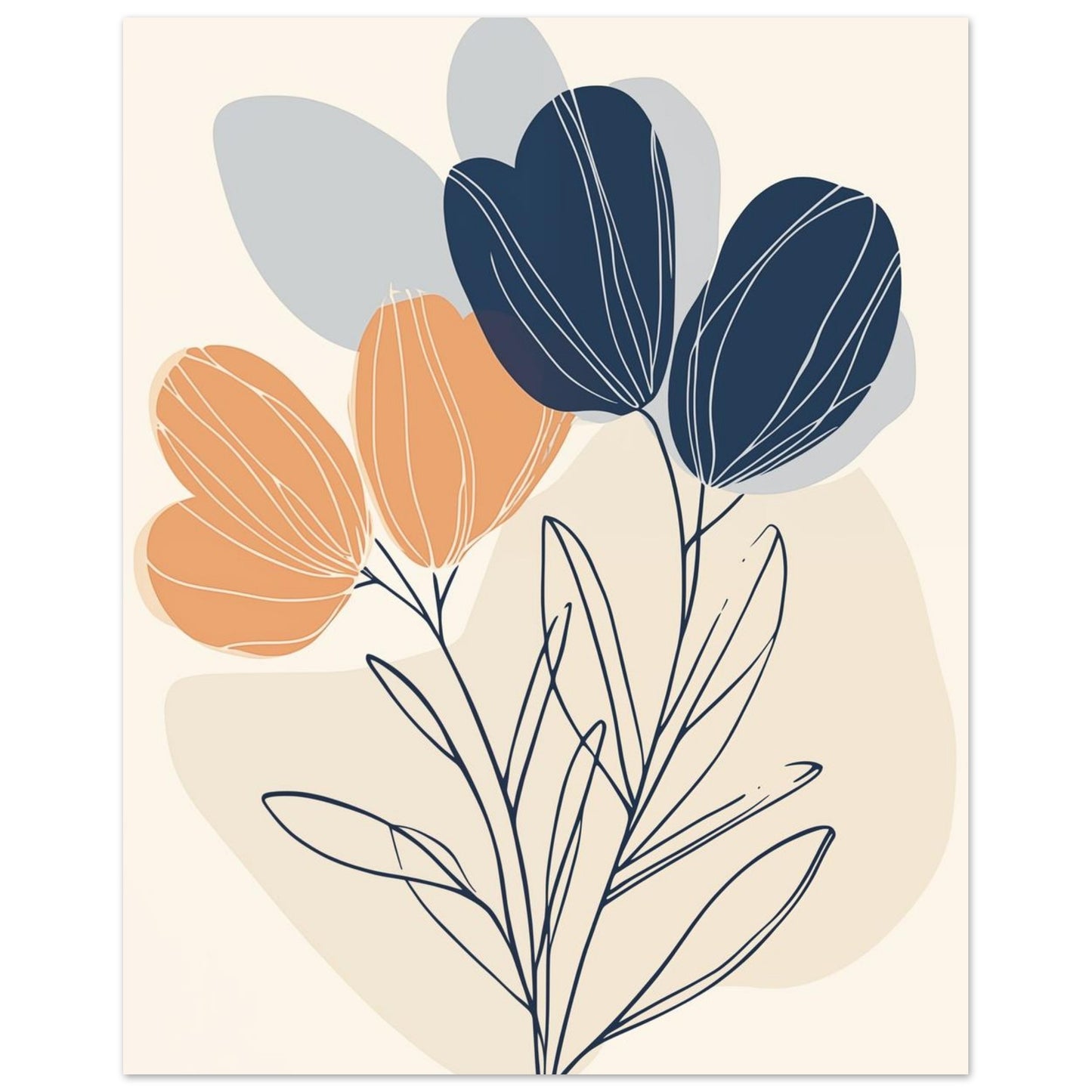 Abstrakte Blumen – Moderne Linienkunst in Blau und Orange 20x25 cm - Pixara
