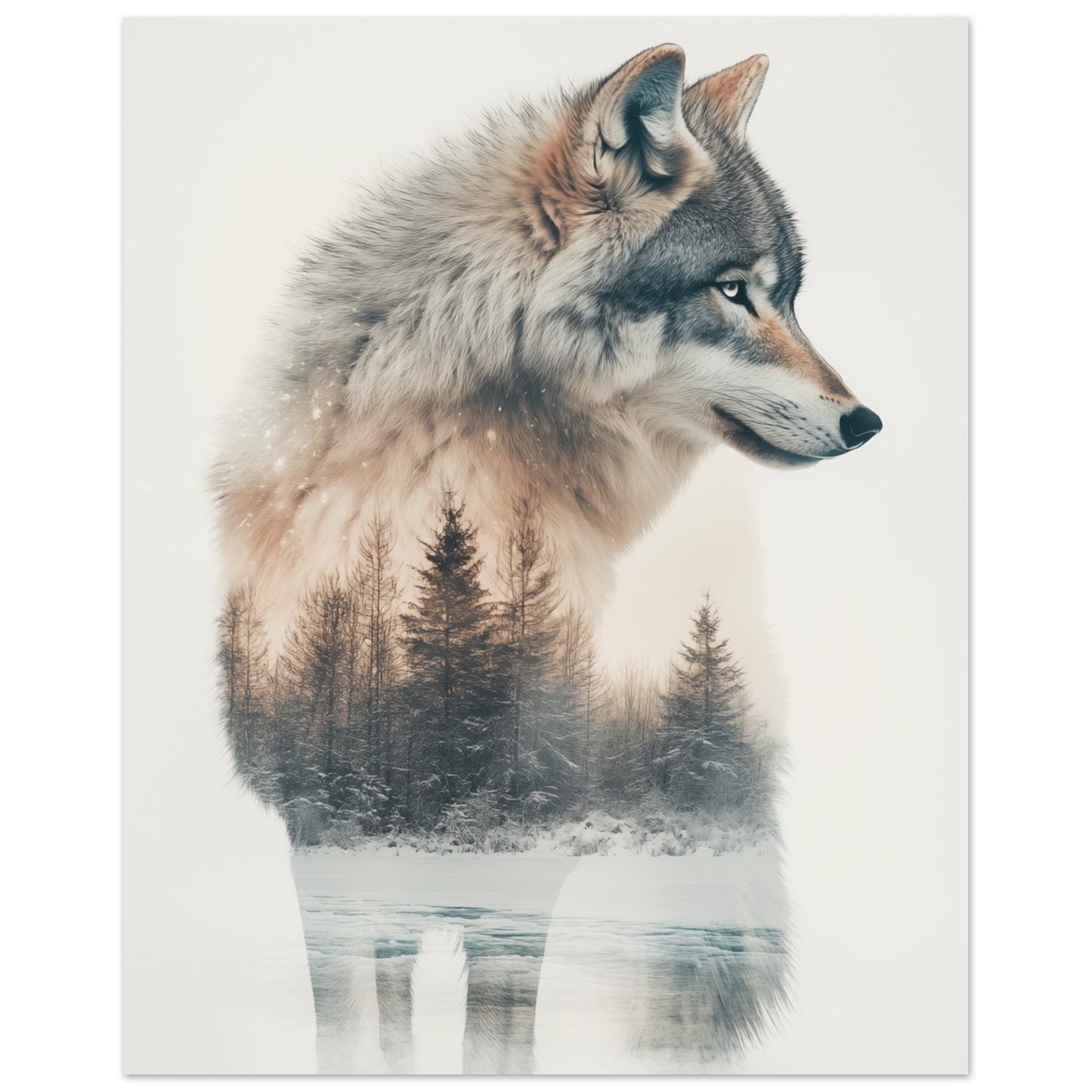 Majestätischer Schneewolf in Doppelbelichtung 40x50 cm - Pixara