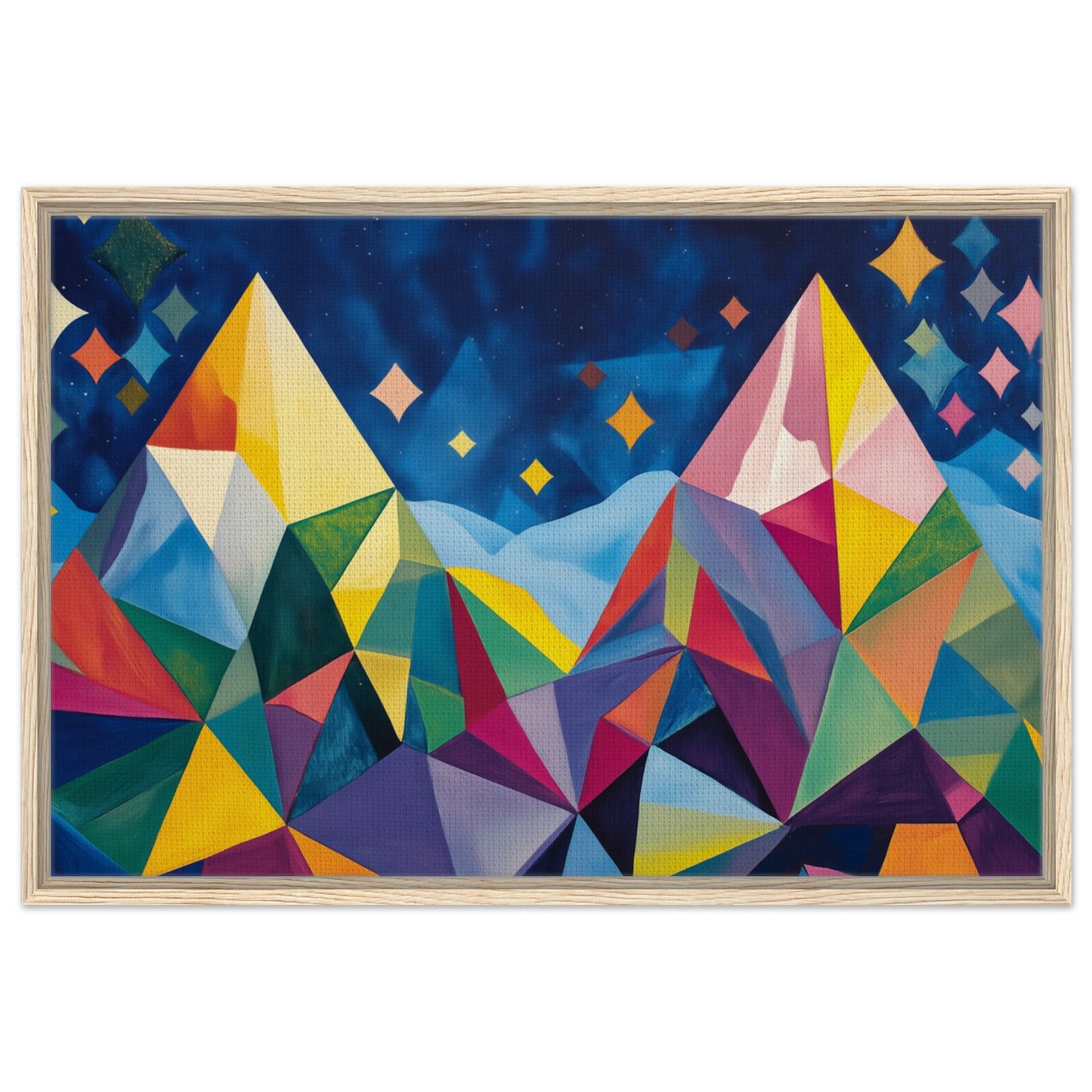 Geometrische Berglandschaft im Sternenlicht | Gerahmte Leinwand Holzrahmen 60x90 cm - Pixara