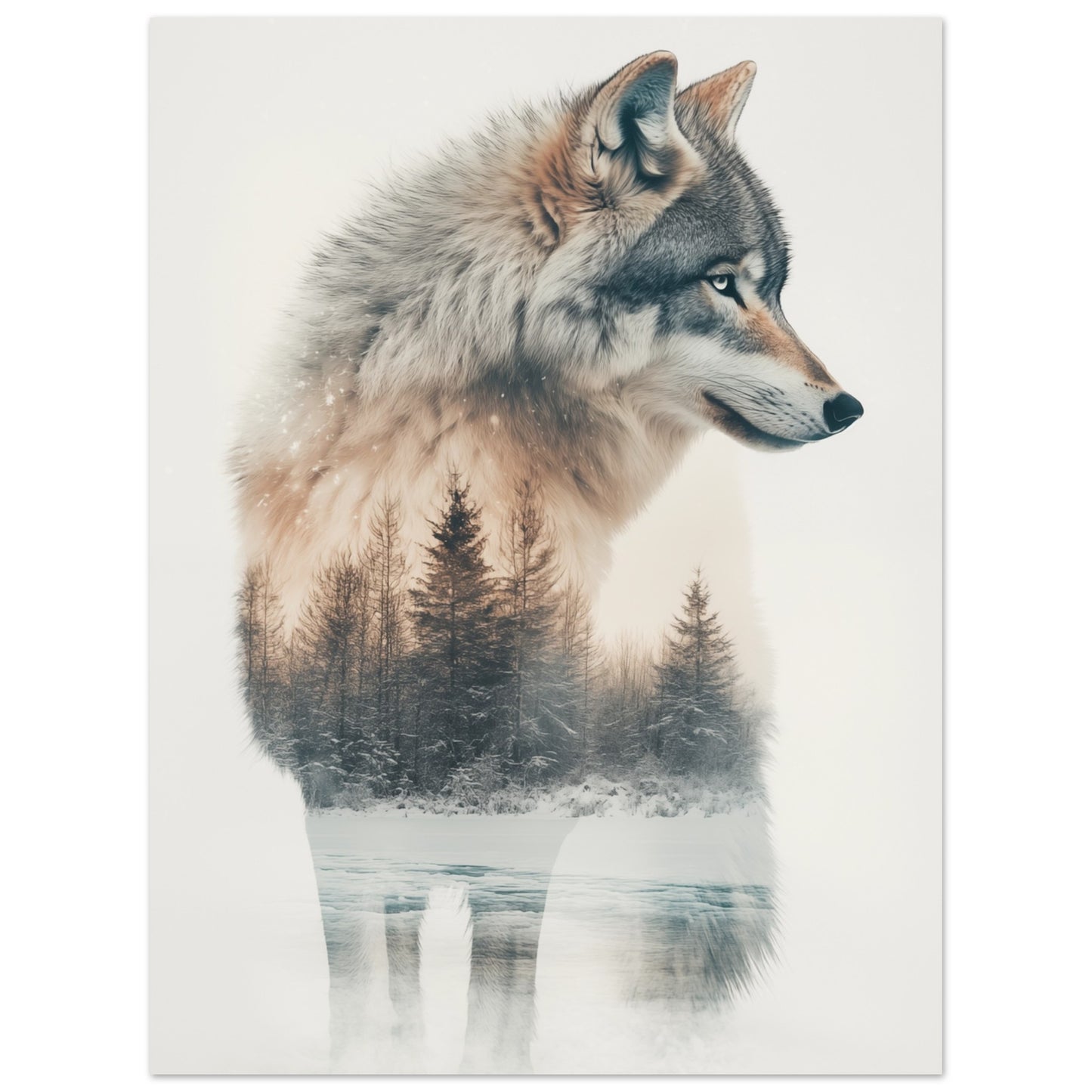 Majestätischer Schneewolf in Doppelbelichtung 30x40 cm - Pixara