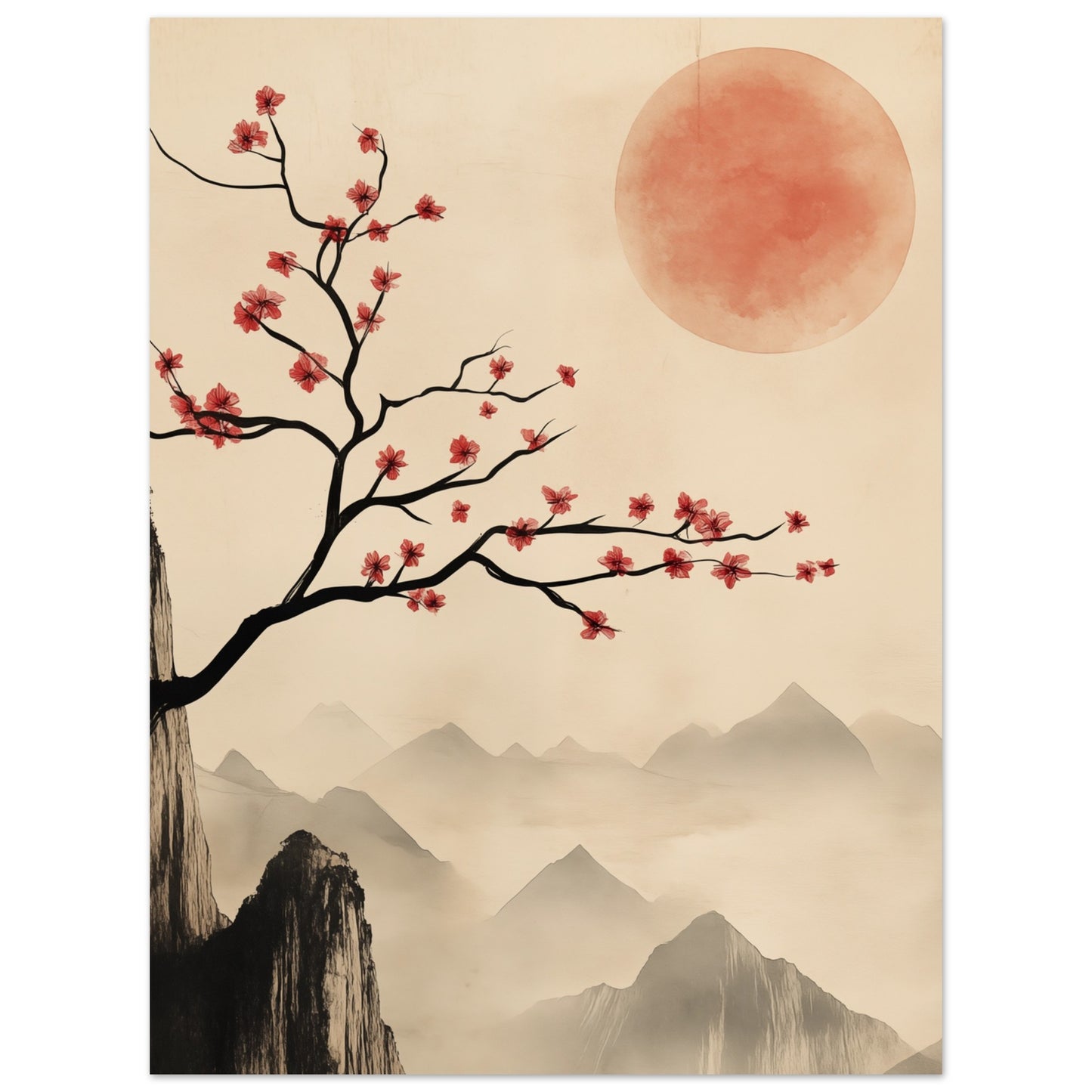 Kirschblüten und roter Mond 30x40 cm - Pixara