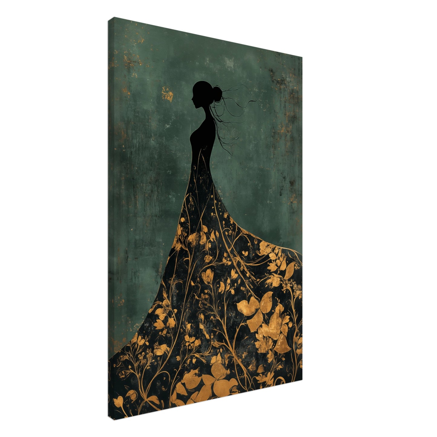 Goldene Eleganz – Silhouette einer Frau in floraler Pracht Leinwand 60x90 cm - Pixara