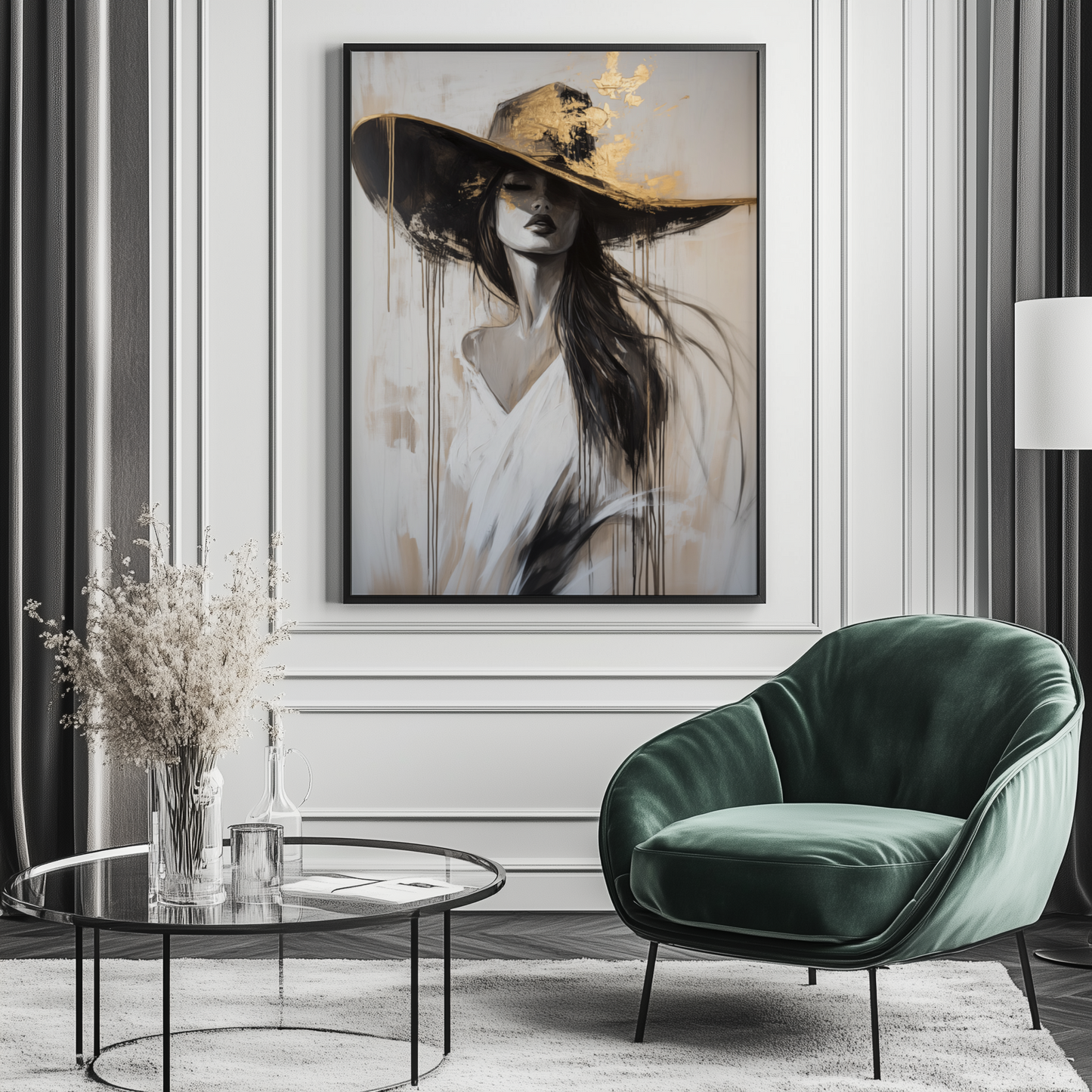 Elegante Frau mit Hut | Gerahmte Leinwand - Pixara