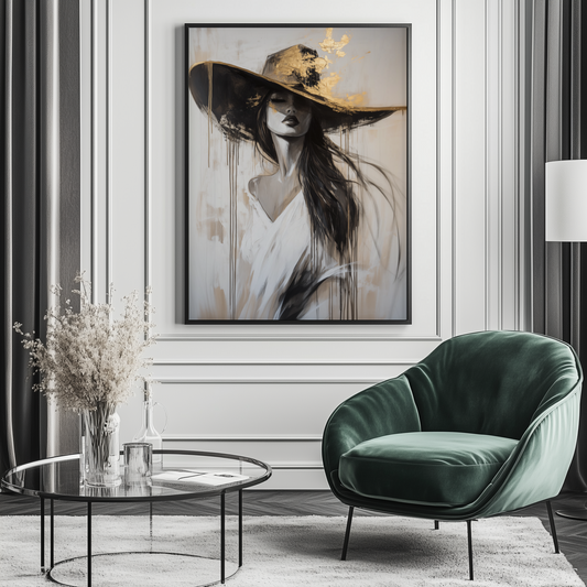Elegante Frau mit Hut | Gerahmte Leinwand - Pixara