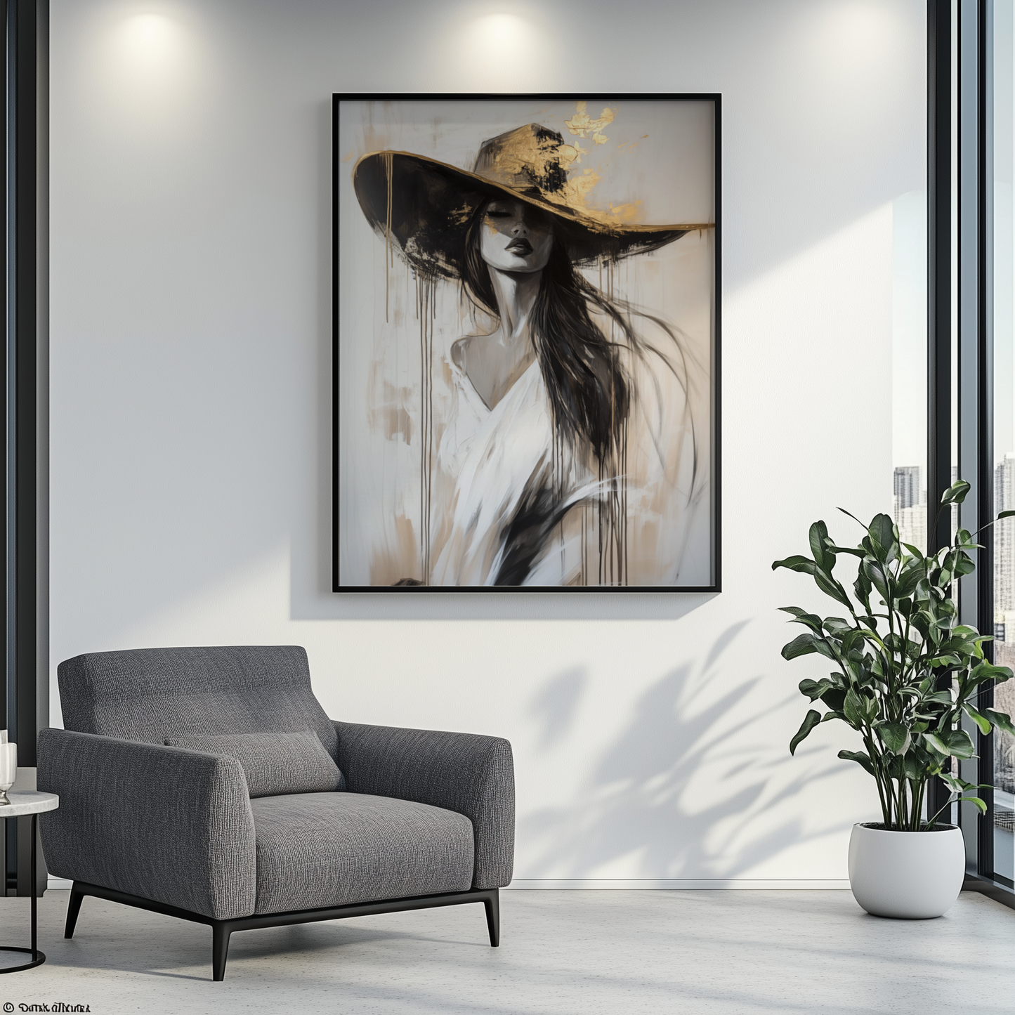 Elegante Frau mit Hut | Gerahmte Leinwand - Pixara