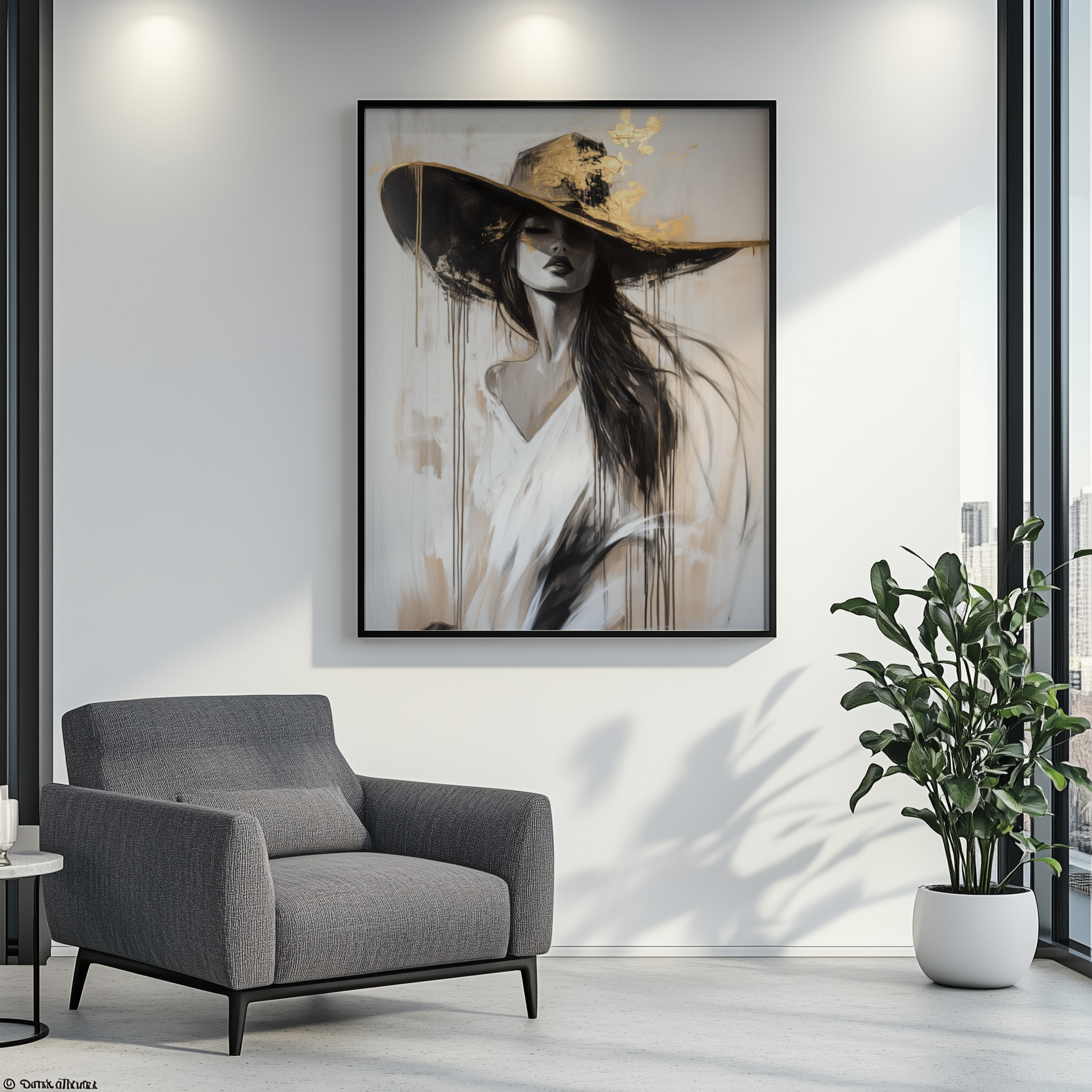 Elegante Frau mit Hut | Gerahmte Leinwand - Pixara