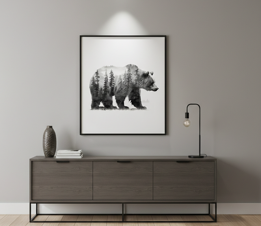 Bär im Wald – Schwarzweiß Doppelbelichtung - Pixara