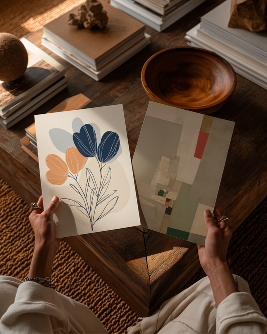 Abstrakte Blumen – Moderne Linienkunst in Blau und Orange - Pixara