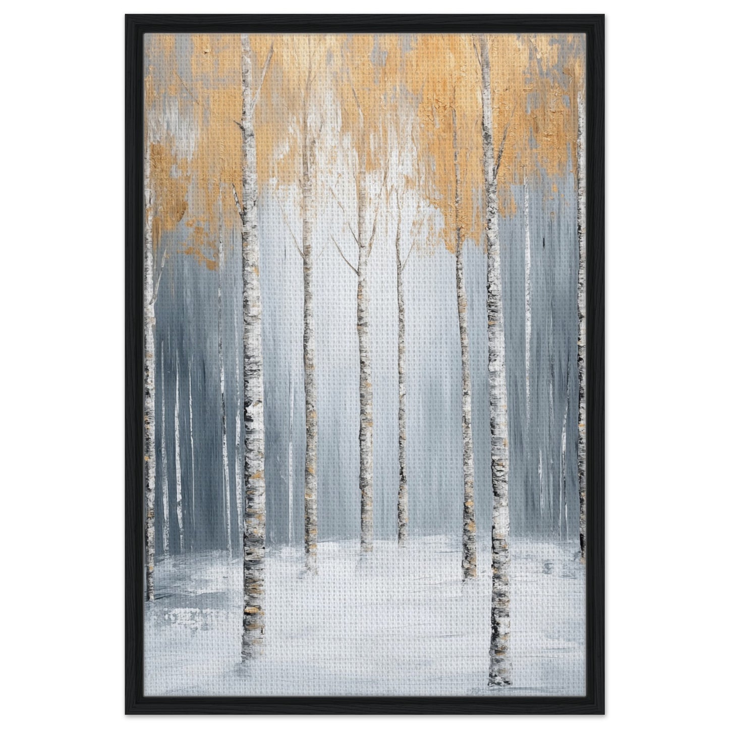 Goldene Birken im Nebel | Gerahmte Leinwand Schwarzer Rahmen 60x90 cm - Pixara