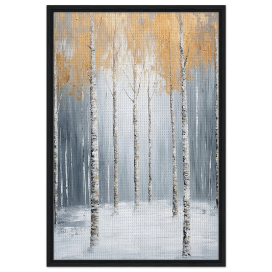 Goldene Birken im Nebel | Gerahmte Leinwand Schwarzer Rahmen 60x90 cm - Pixara