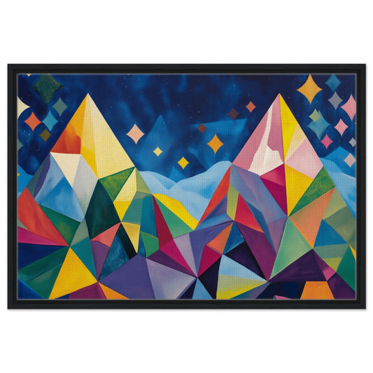 Geometrische Berglandschaft im Sternenlicht | Gerahmte Leinwand Schwarzer Rahmen 60x90 cm - Pixara