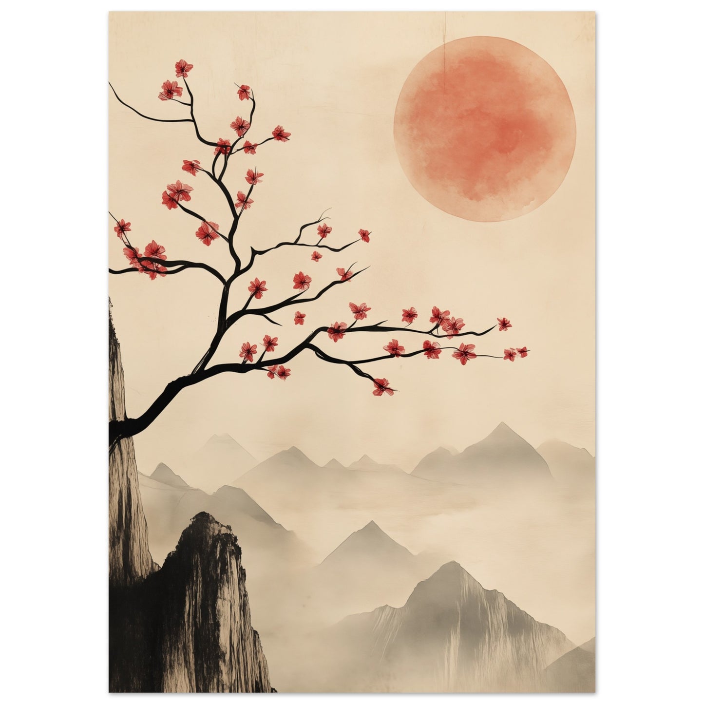 Kirschblüten und roter Mond 50x70 cm - Pixara