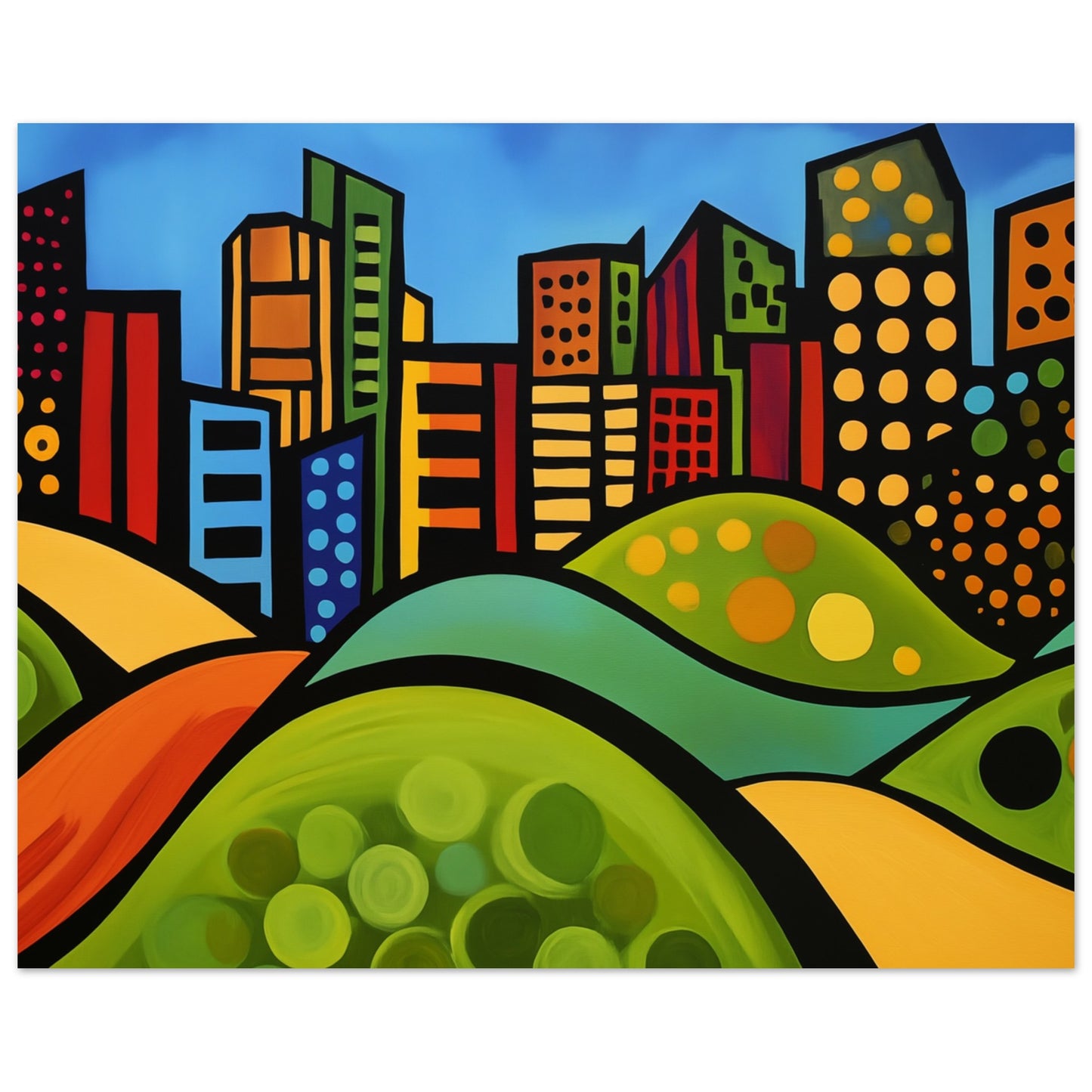 Lebendige Stadtsilhouette mit Hügeln 40x50 cm - Pixara