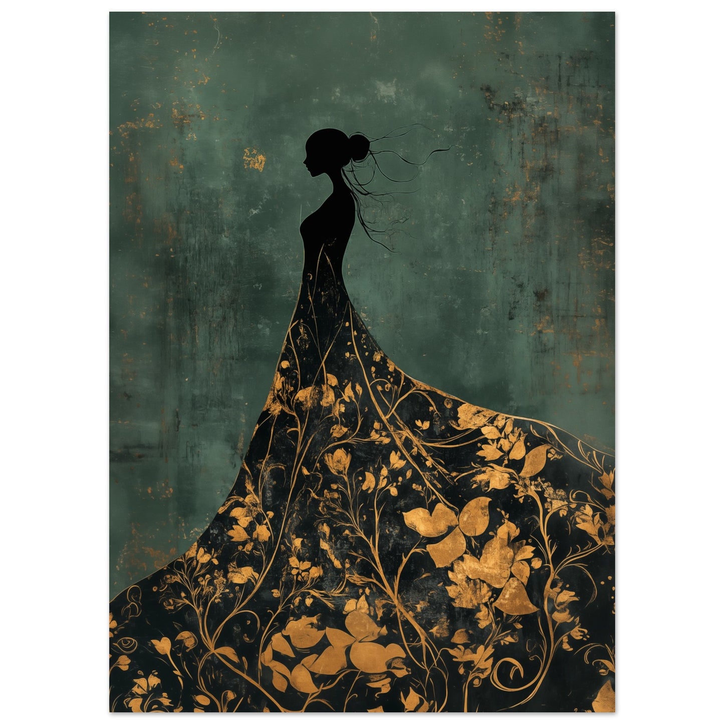 Goldene Eleganz – Silhouette einer Frau in floraler Pracht Poster 13x18 cm - Pixara