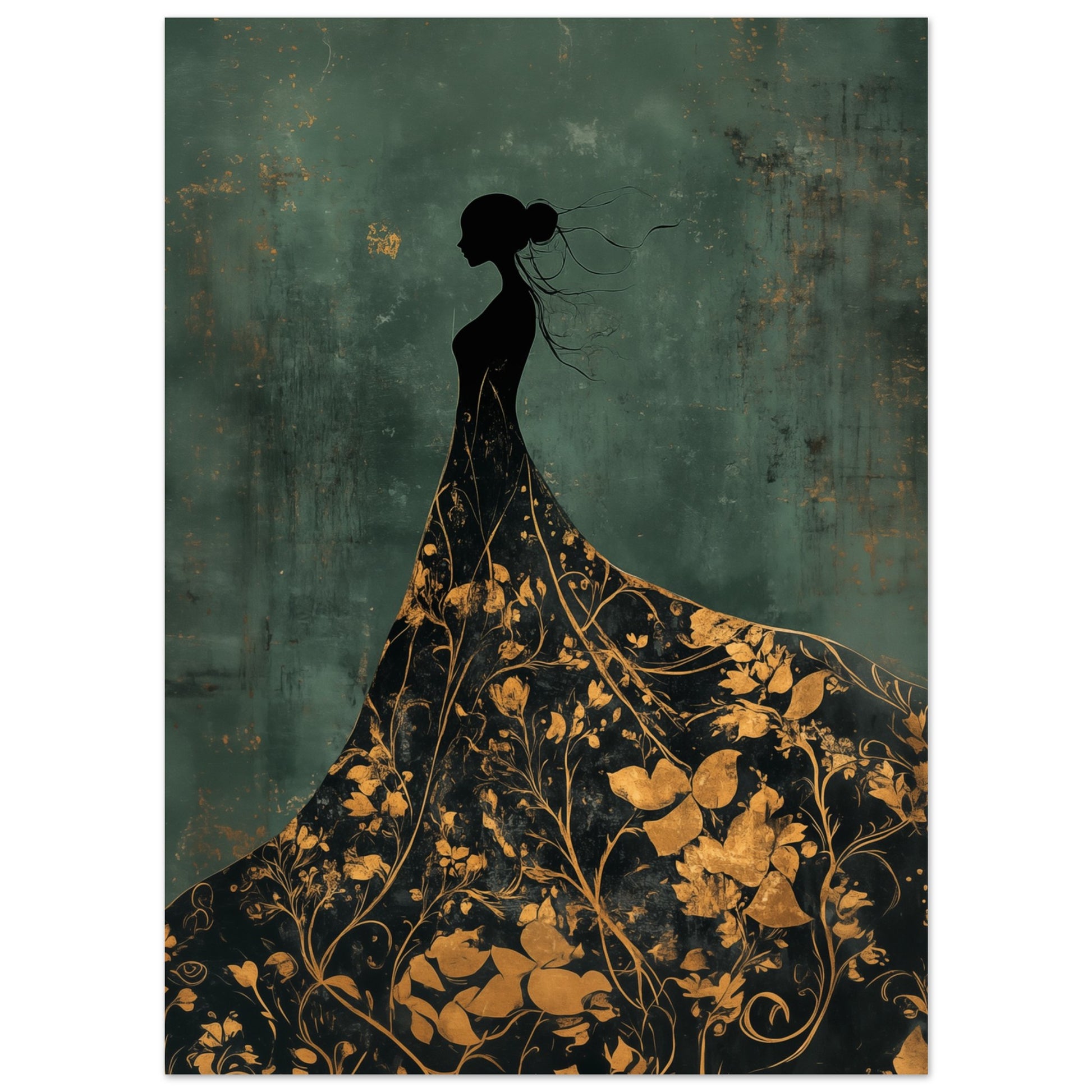 Goldene Eleganz – Silhouette einer Frau in floraler Pracht Poster 13x18 cm - Pixara