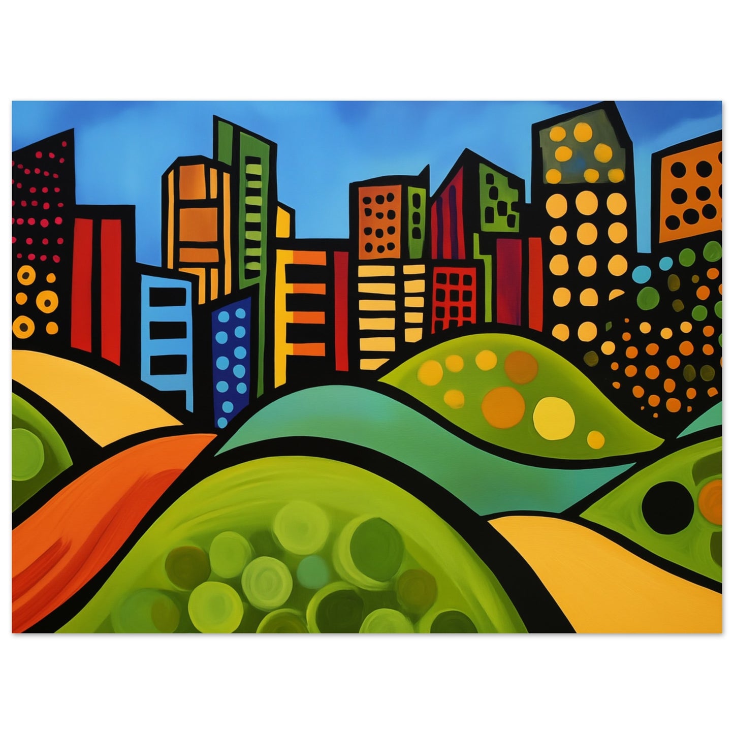 Lebendige Stadtsilhouette mit Hügeln 30x40 cm - Pixara
