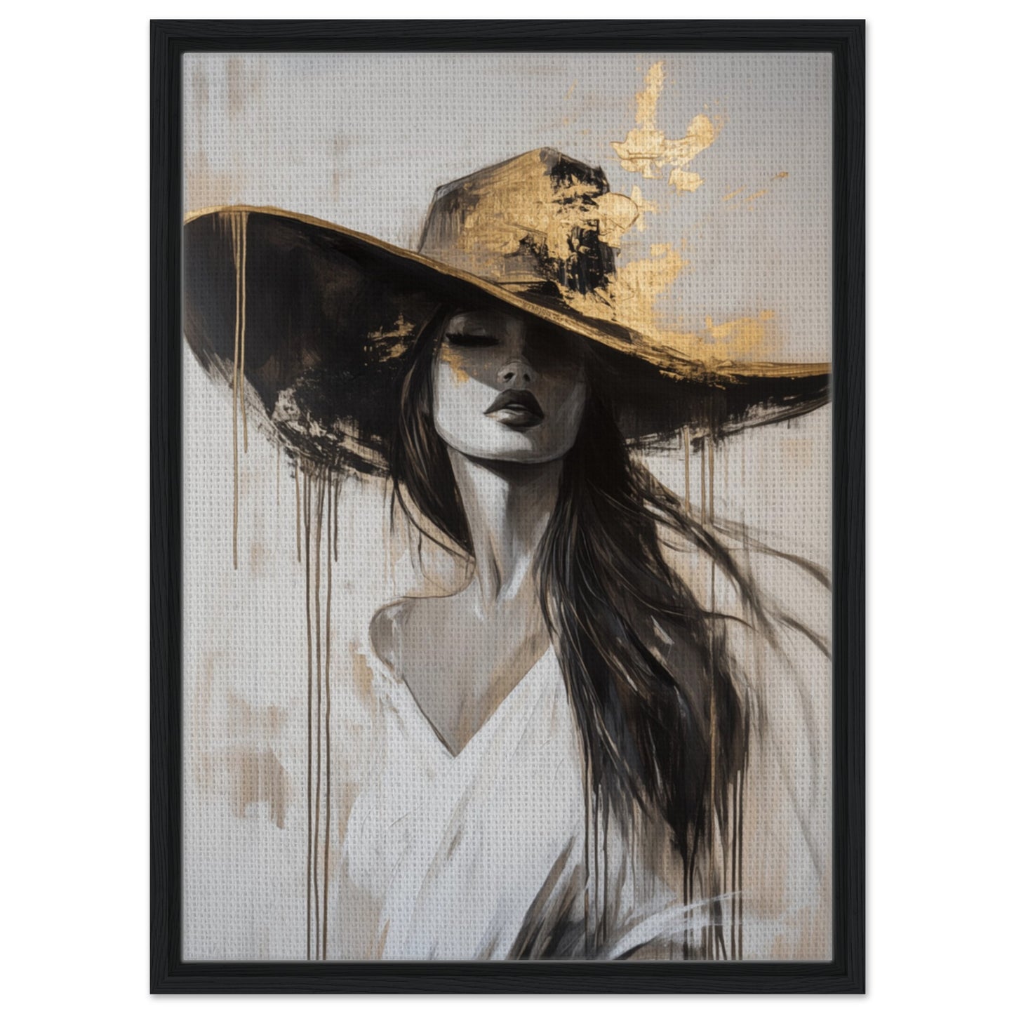Elegante Frau mit Hut | Gerahmte Leinwand Schwarzer Rahmen 50x70 cm - Pixara