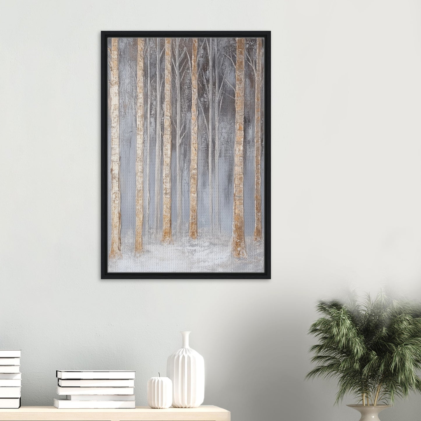 Nebelhafte Birkenlandschaft | Gerahmte Leinwand - Pixara