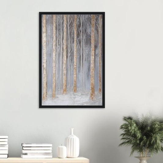 Nebelhafte Birkenlandschaft | Gerahmte Leinwand - Pixara