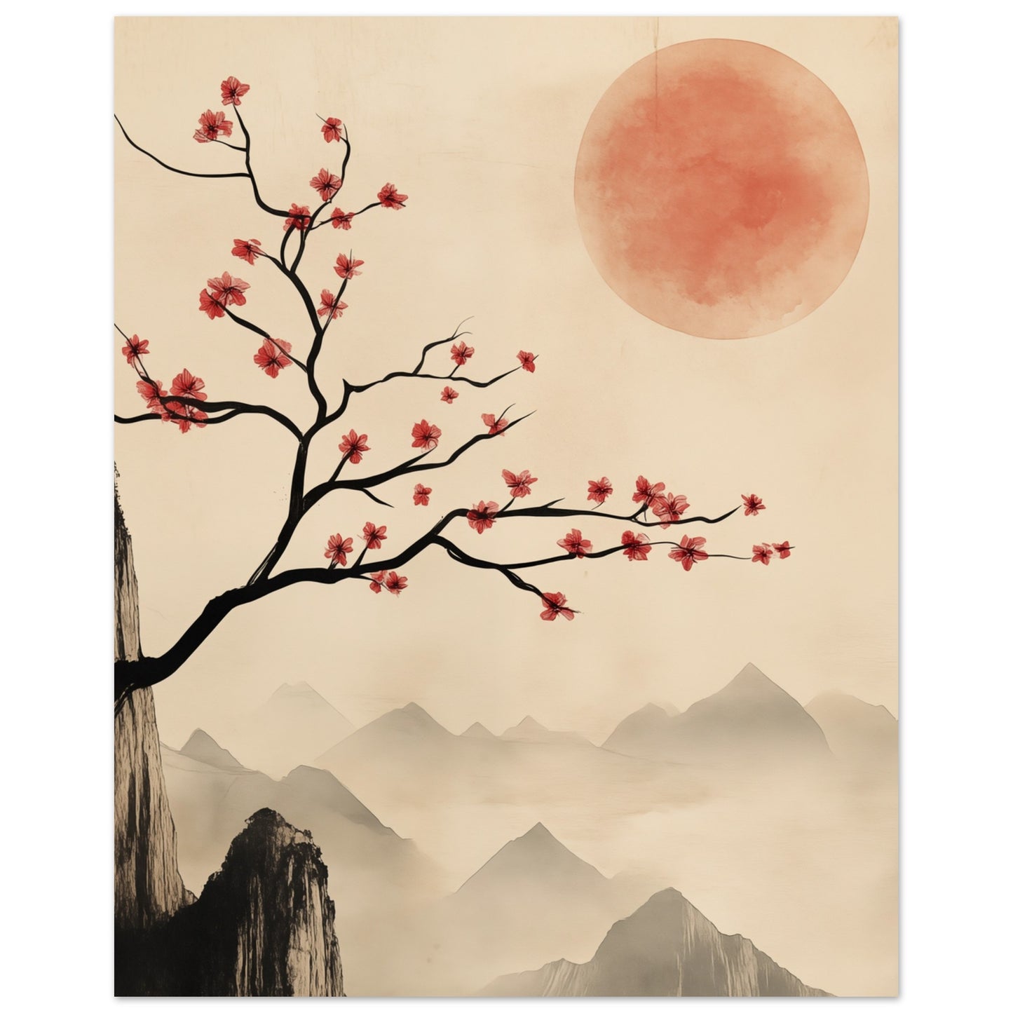 Kirschblüten und roter Mond 40x50 cm - Pixara