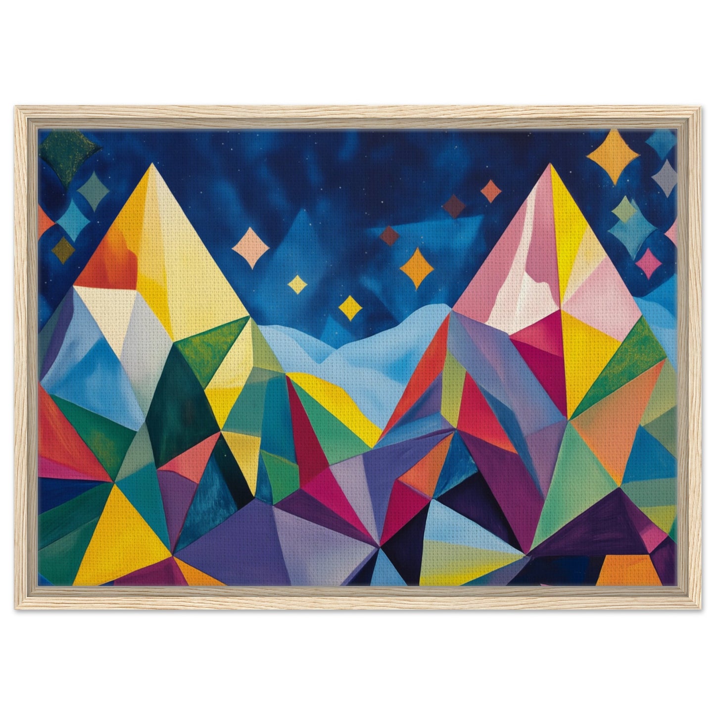 Geometrische Berglandschaft im Sternenlicht | Gerahmte Leinwand Holzrahmen 50x70 cm - Pixara