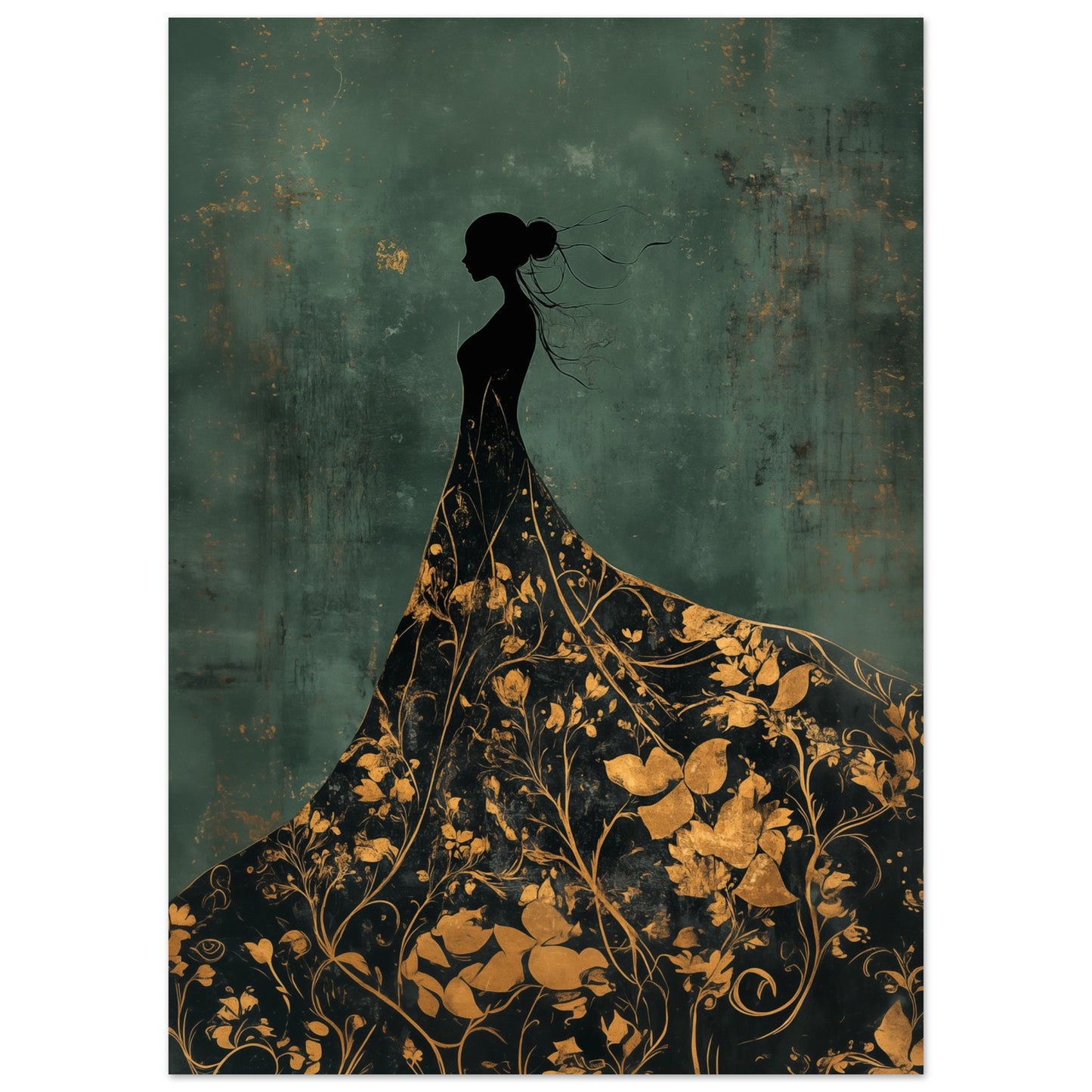 Goldene Eleganz – Silhouette einer Frau in floraler Pracht Poster 50x70 cm - Pixara
